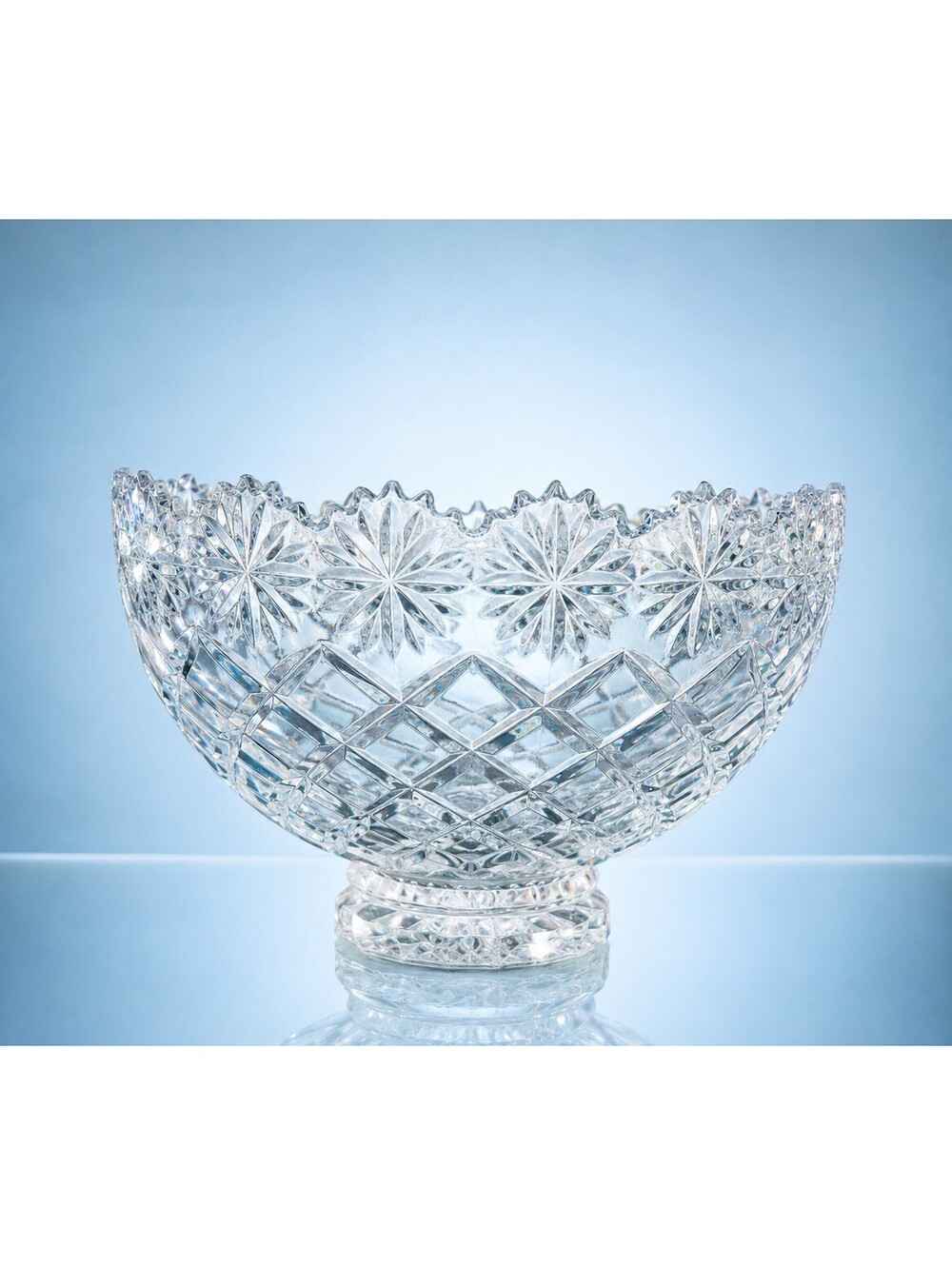 Crystal Clear Poland 1970s Footed Centerpiece Bowl Brussels Cut Clear, 8x6.5"